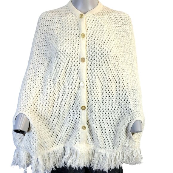 Vintage 70s Crochet Poncho Cardigan Wrap Jacket Shawl Women One Size Fall Winter - Picture 2 of 16